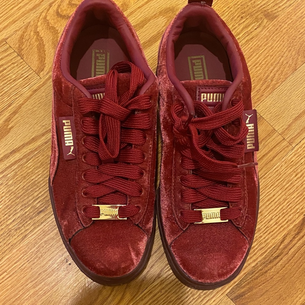 Puma Burgundy Velvet Sneakers with Gold Details